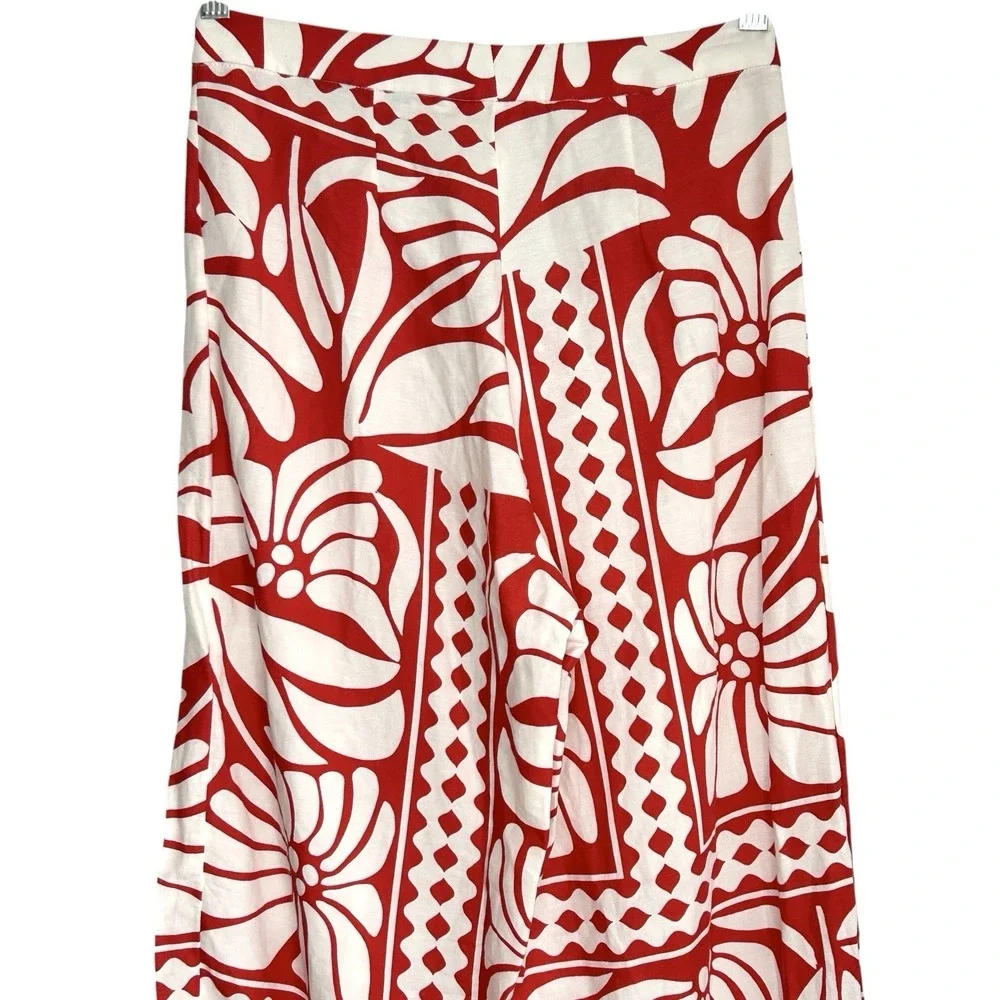 H&M Tropical Wide Leg Pants Sz 4 Boho Retro Floral Linen Blend Resort Vacation
